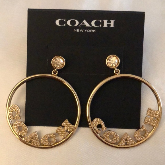Coach Gold Tone Signature Frontal Logo Hoop Earrings Crystal Accents NWT - Picture 7 of 14